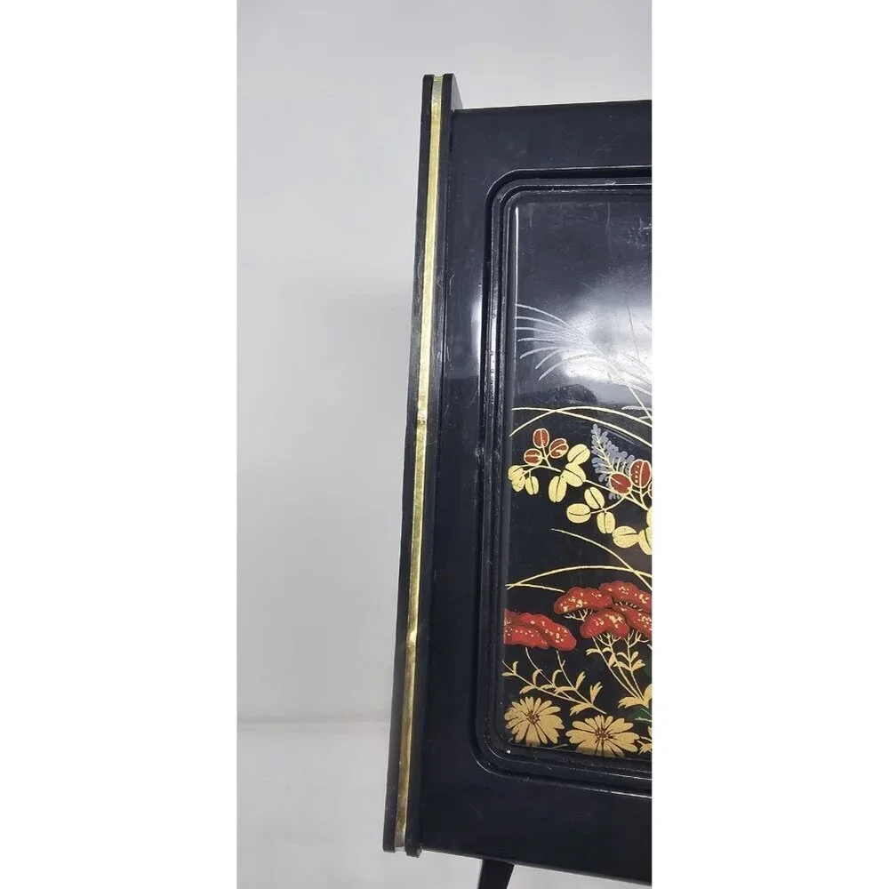 Vintage Hong Kong Black Vanity Jewelry Trinket Box Flip Rotating Mirror Floral